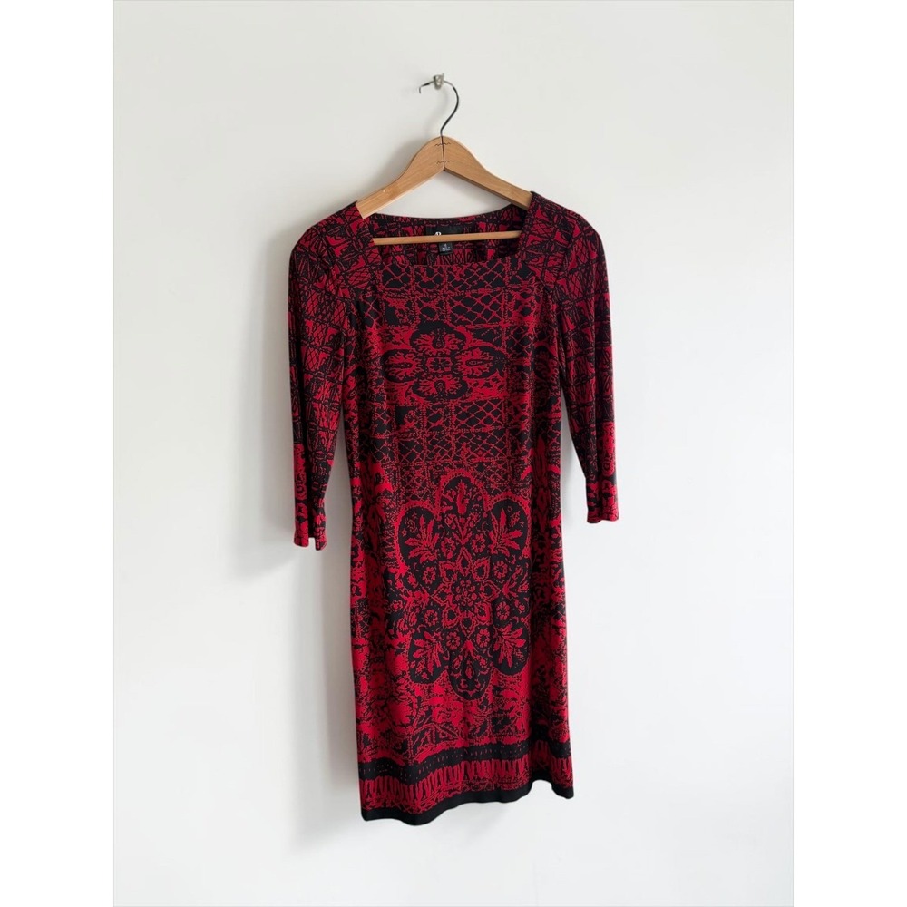 AB Studio Red Black Damask Print Square Neck 3/4 Sleeve Sheath Dress Size 6